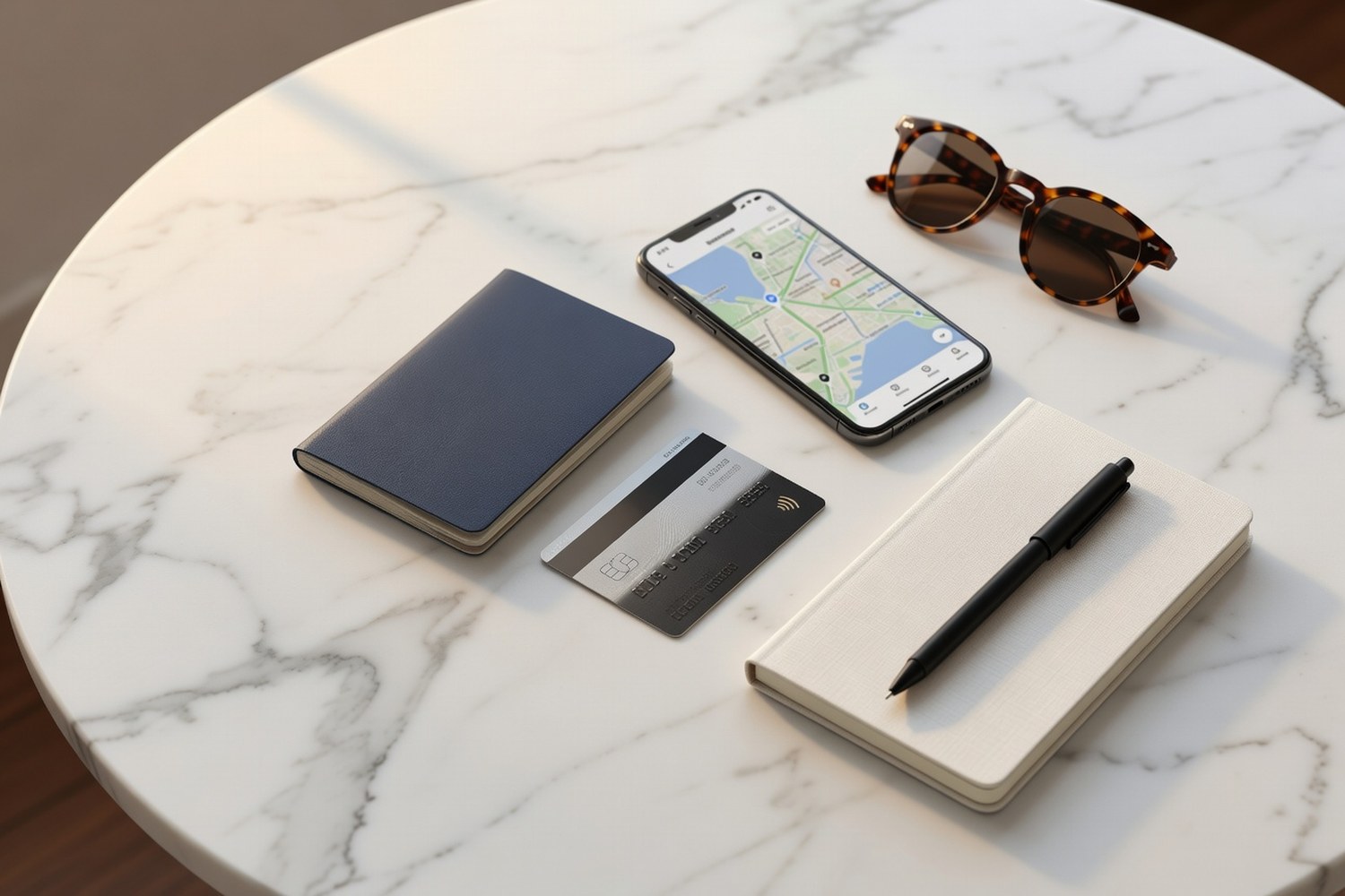 Travel planning flat-lay with passport credit cards and smartphone comparing rewards programs