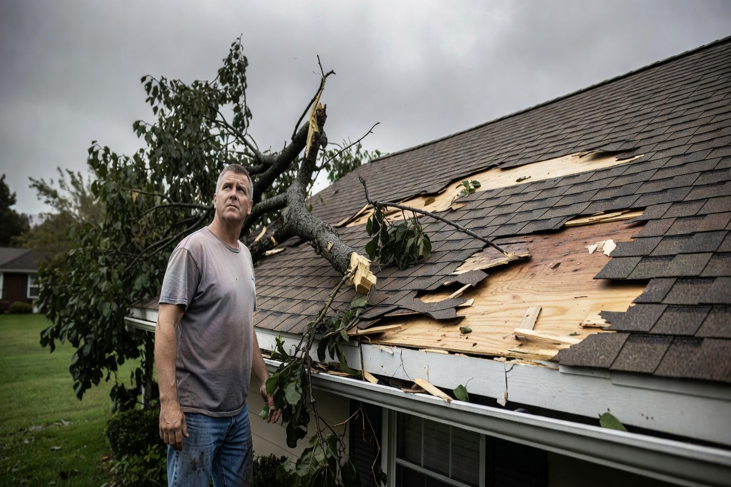 Storm-damaged roof requiring emergency financing for roof repair or replacement