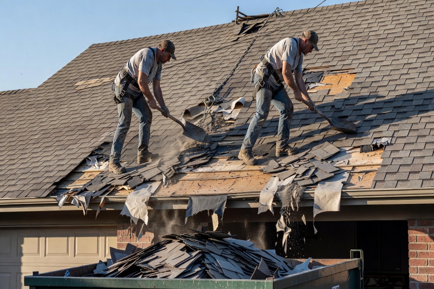 Roofers removing old shingles during roof replacement funded by roof financing loans