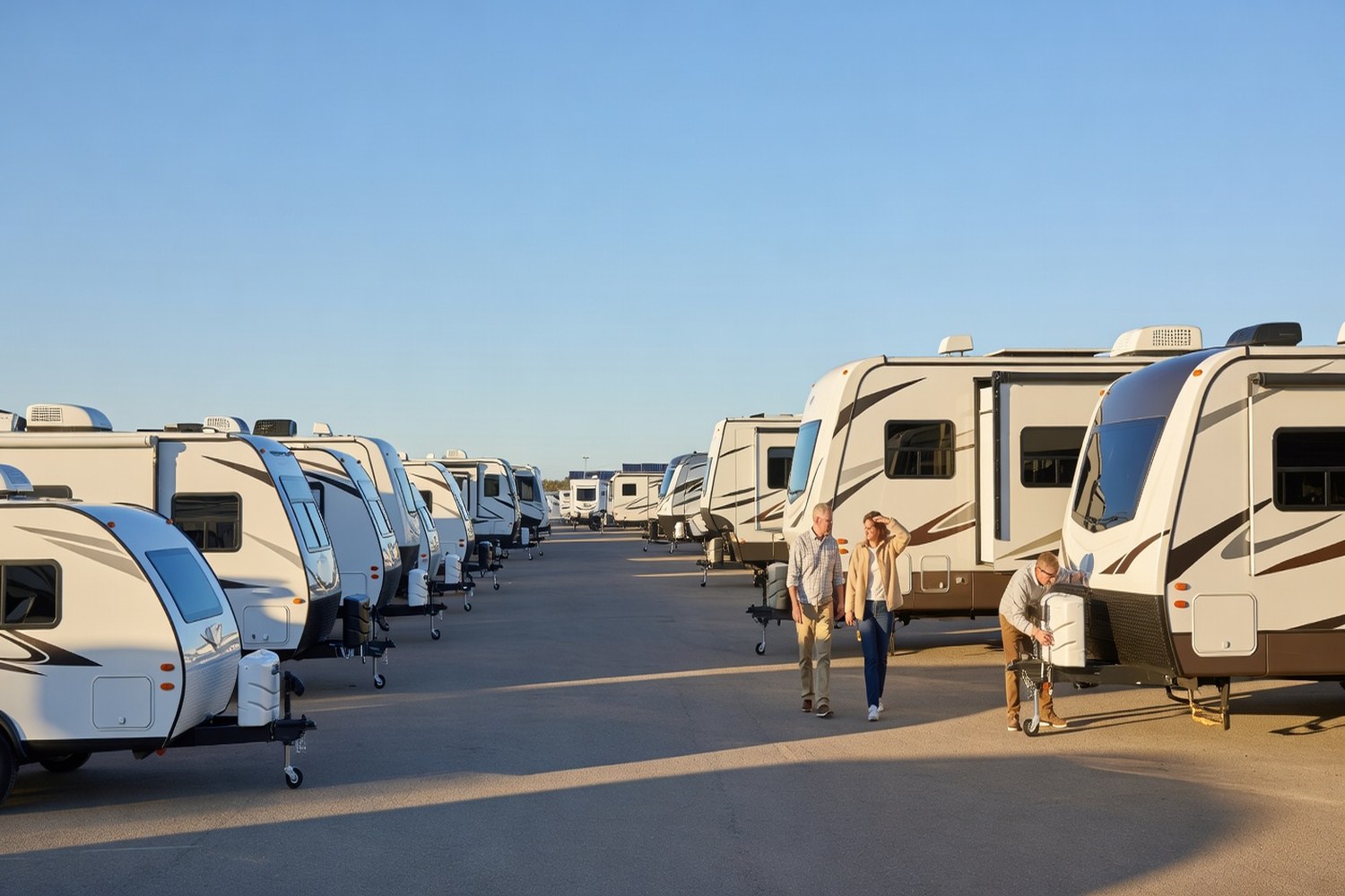 RV dealer lot with various models representing RV costs and financing comparison