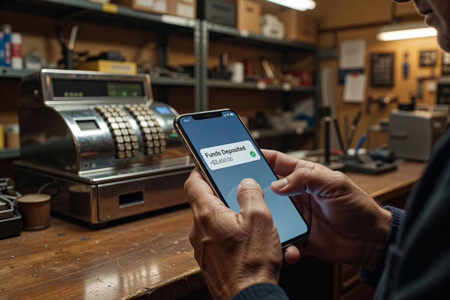 Business owner receiving same-day loan funds on smartphone