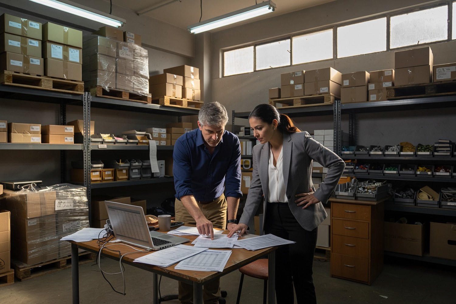 Business partners reviewing fast business loan paperwork in warehouse office