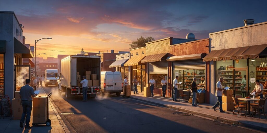 City street at dawn with businesses opening representing same-day business loan urgency