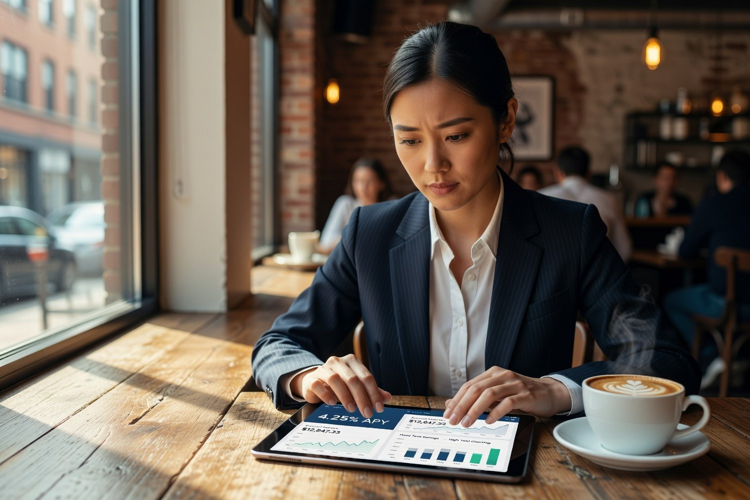 Professional reviewing savings account options on tablet