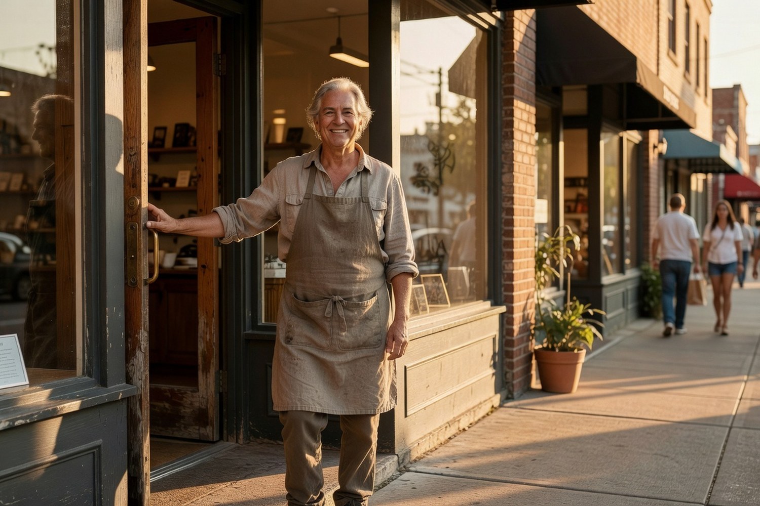 Small business owner standing proudly at storefront funded with SBA loan