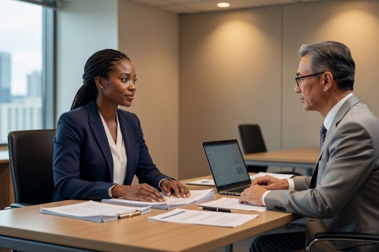 Small business owner meeting with bank loan officer to discuss SBA 7(a) loan application