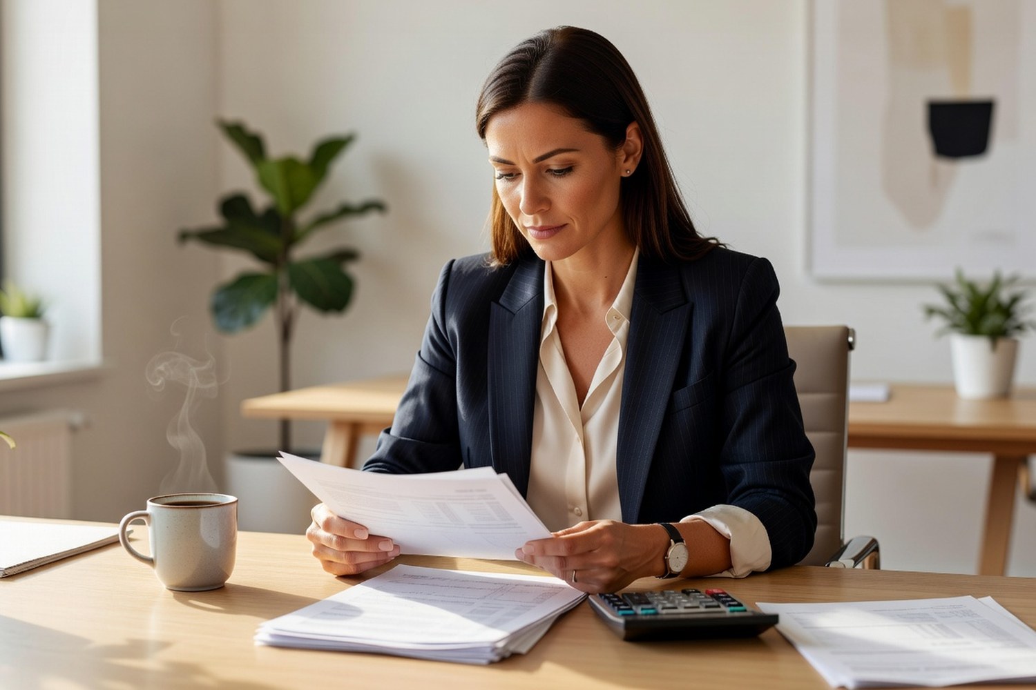 Entrepreneur reviewing SBA loan documents and rates at office desk