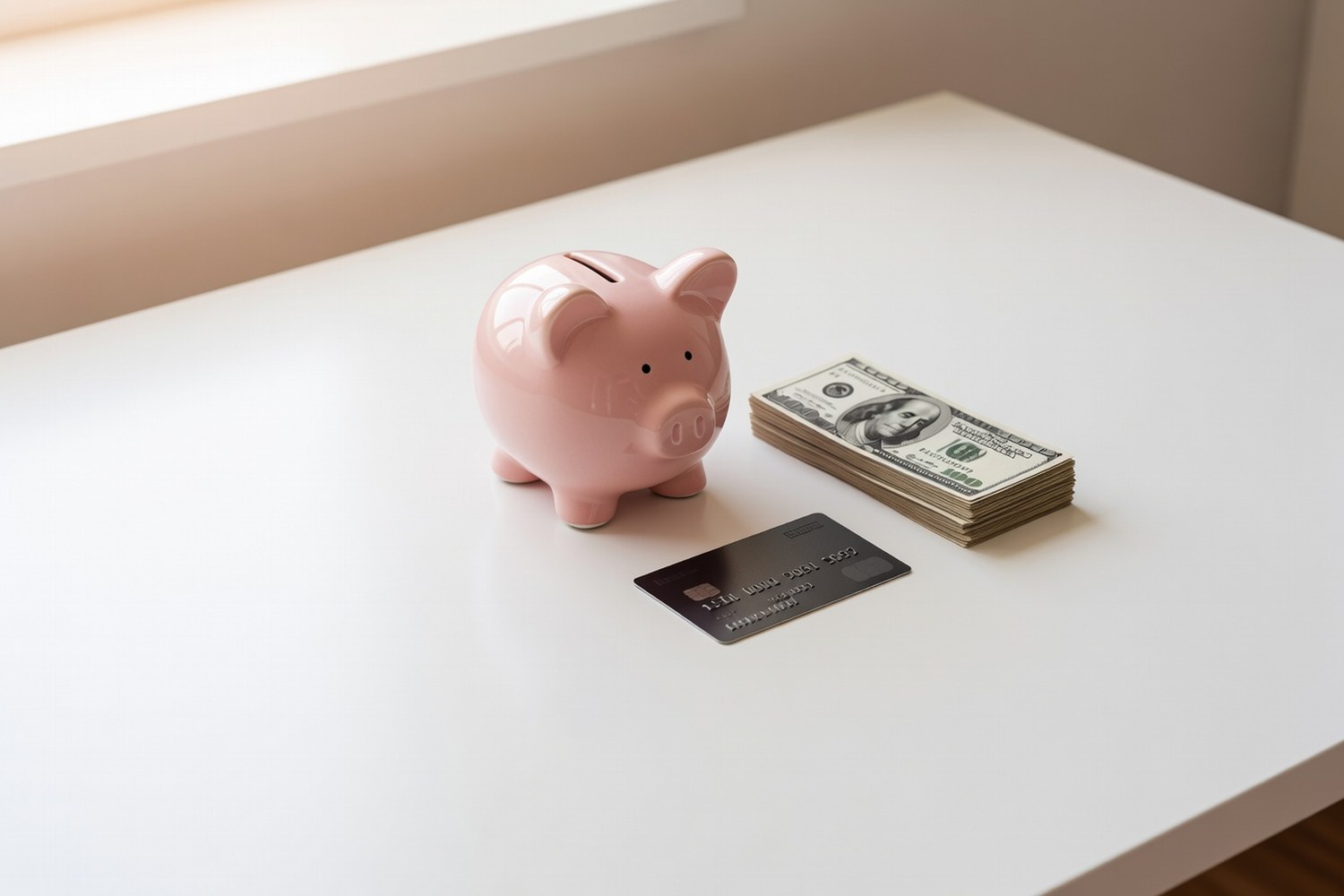 Piggy bank next to credit card and cash representing refundable security deposit for secured card