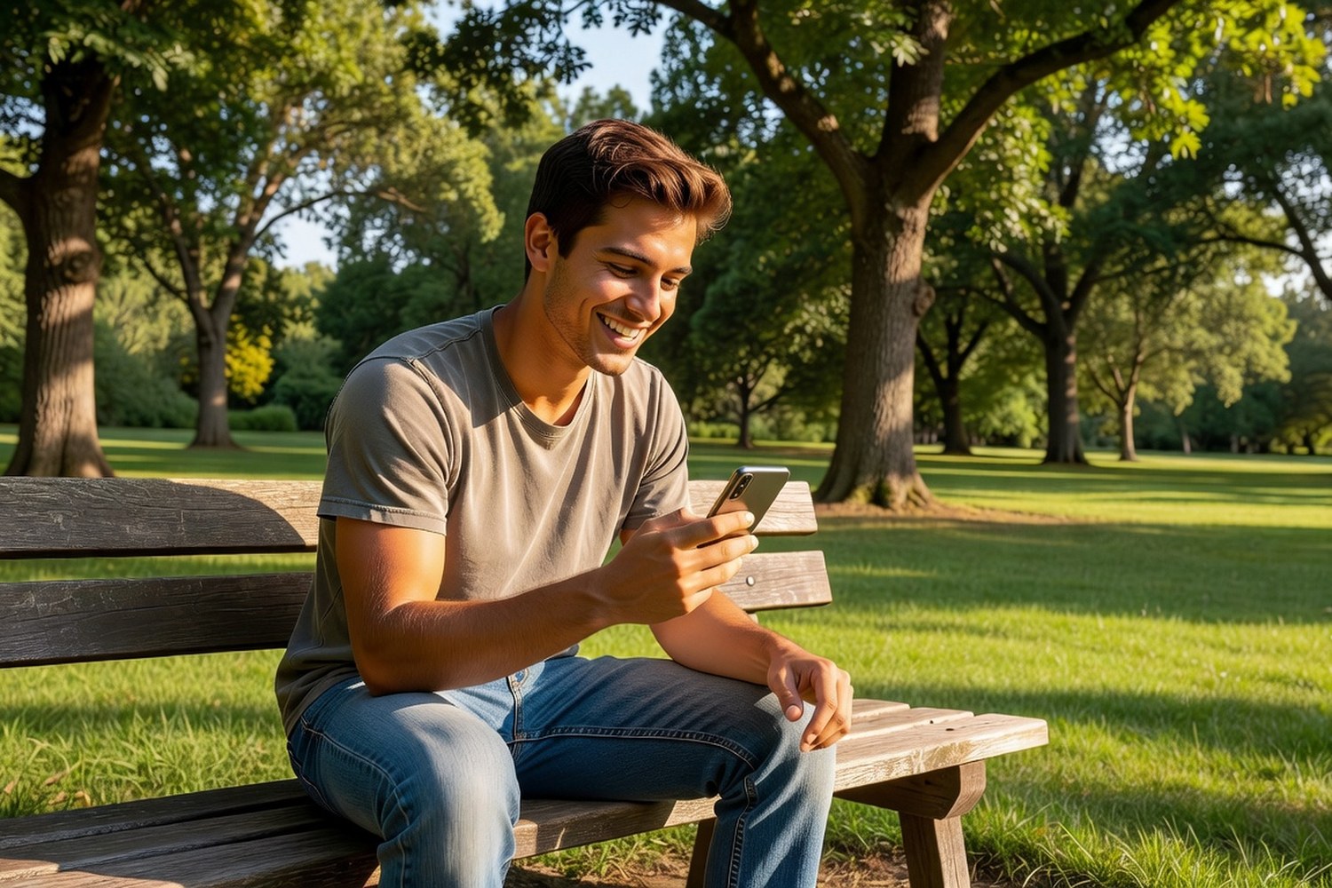 Young man checking credit score improvement on phone after using secured credit card responsibly