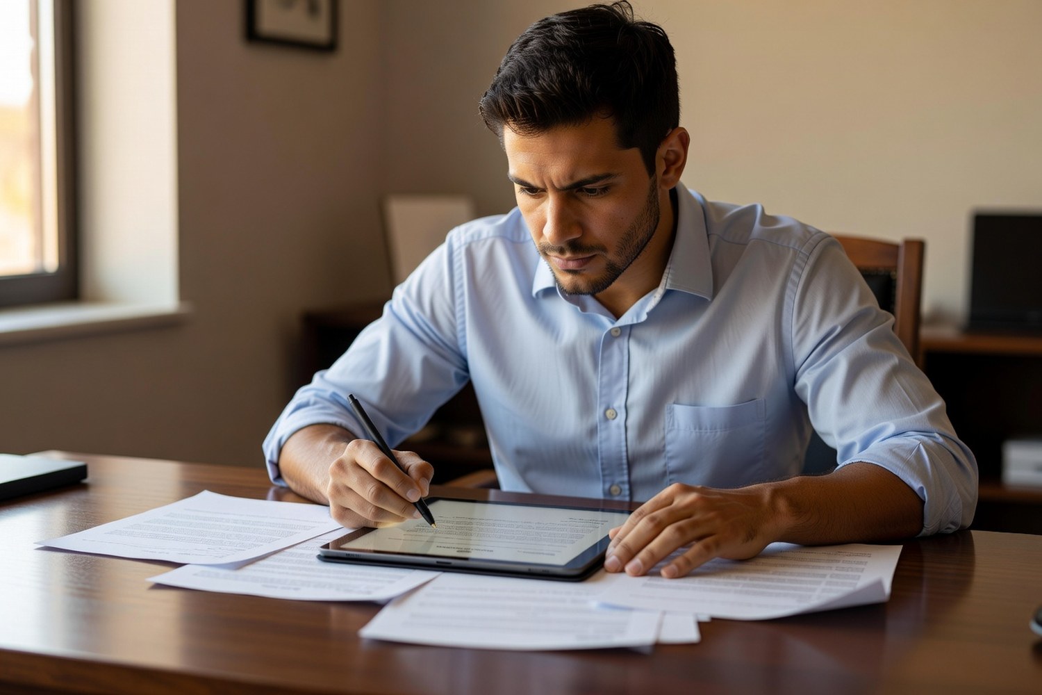 Young professional signing a personal loan agreement on tablet at home office