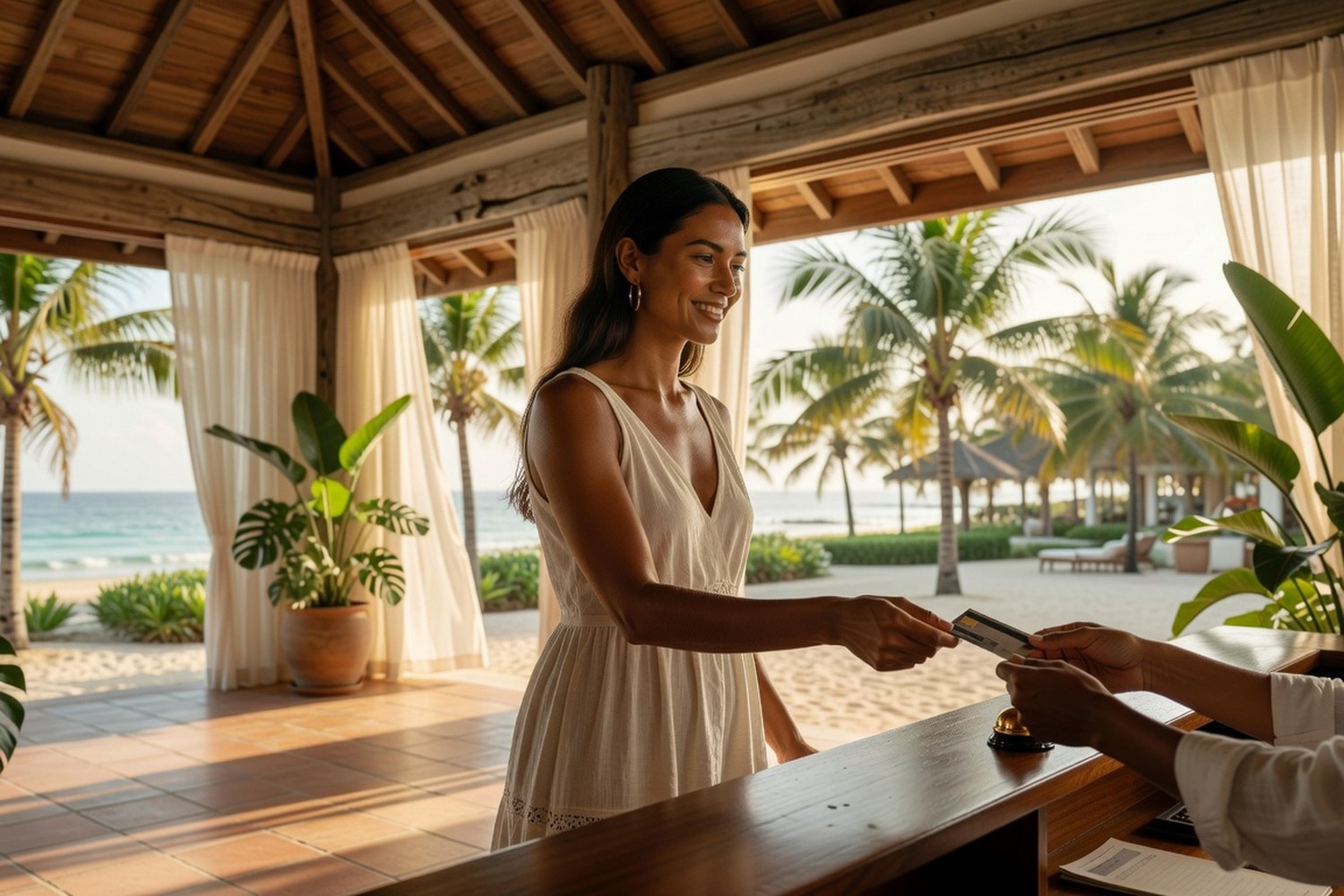 Woman checking into beach resort using travel rewards credit card points for hotel stay
