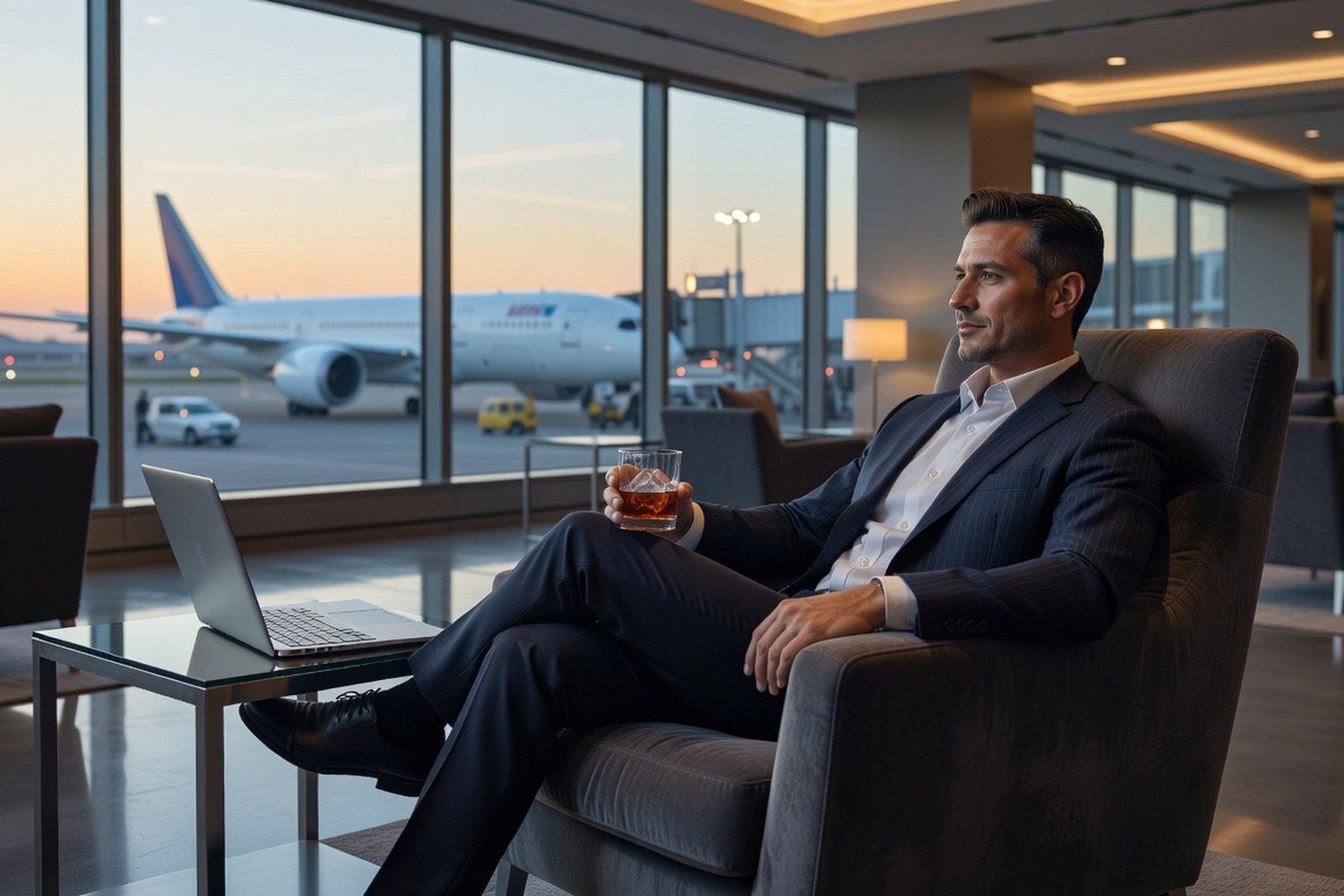 Traveler enjoying airport lounge access included with premium travel credit card