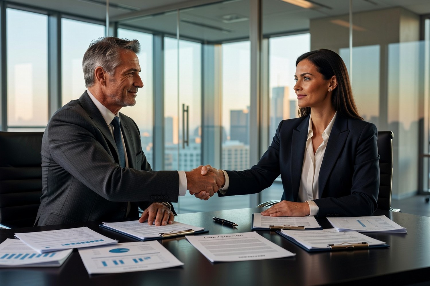 Professionals completing unsecured personal loan agreement at modern office