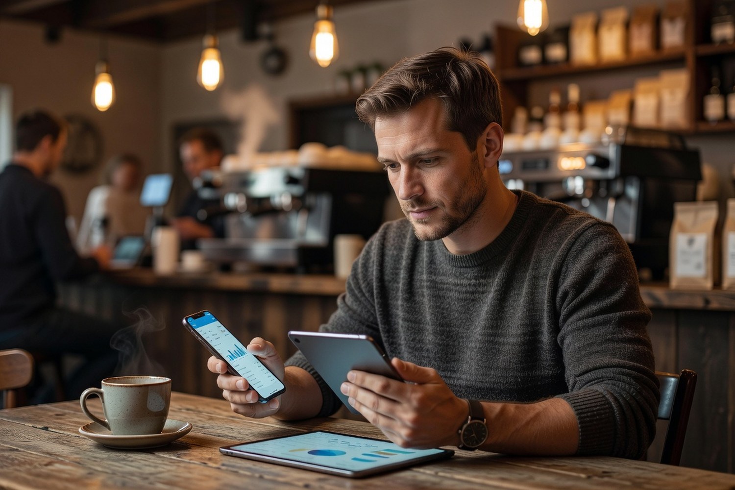Man comparing unsecured personal loan rates on phone and tablet at coffee shop