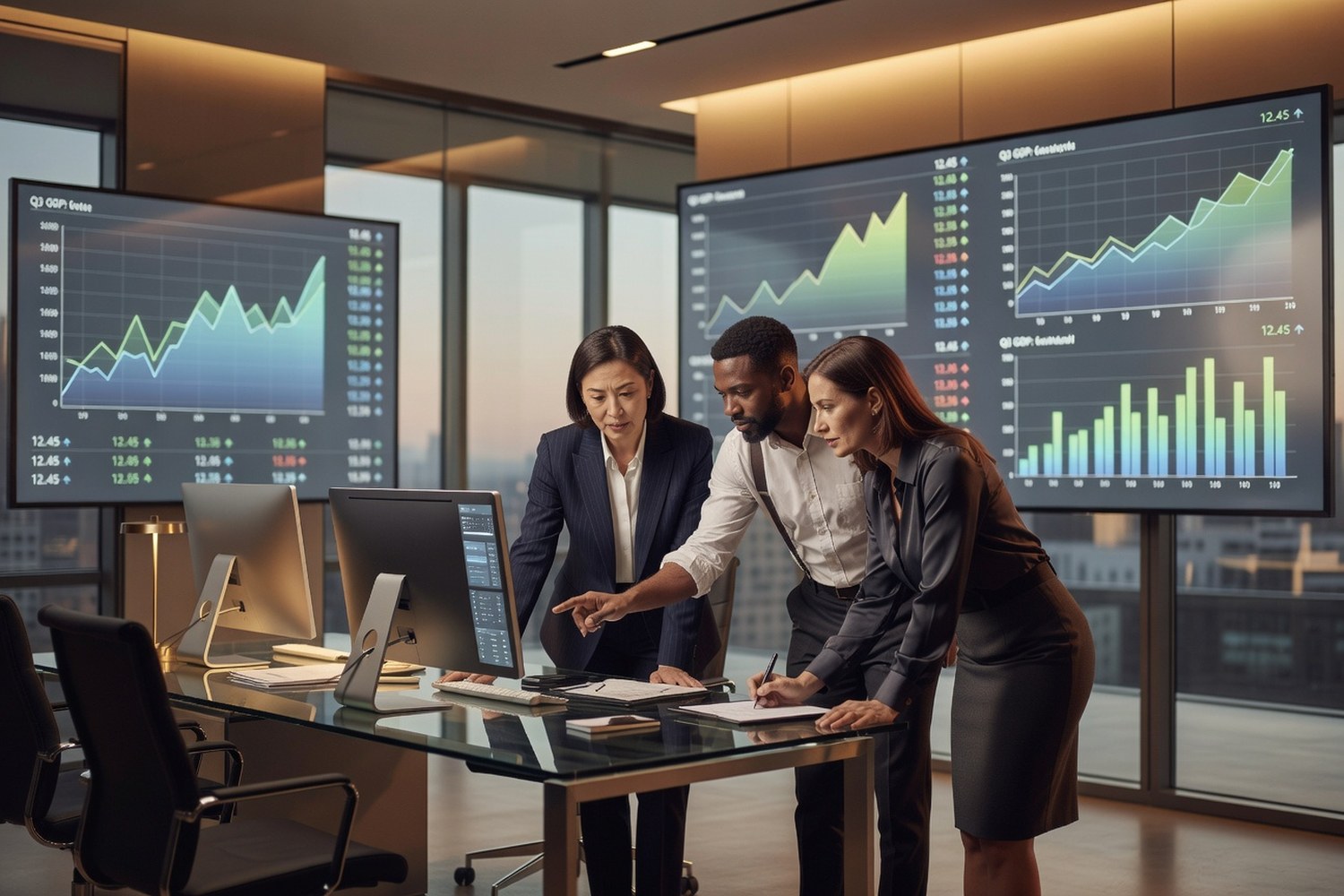 Analysts reviewing US national debt data and economic trends