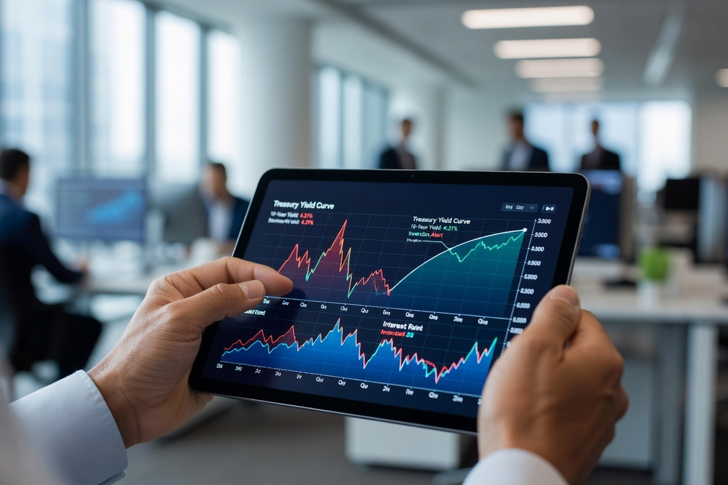 Financial analyst reviewing interest rate charts and treasury yield curve on tablet