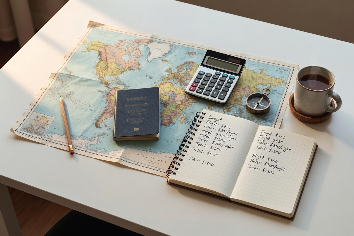 Travel budget planning with passport calculator and world map for vacation loan decision