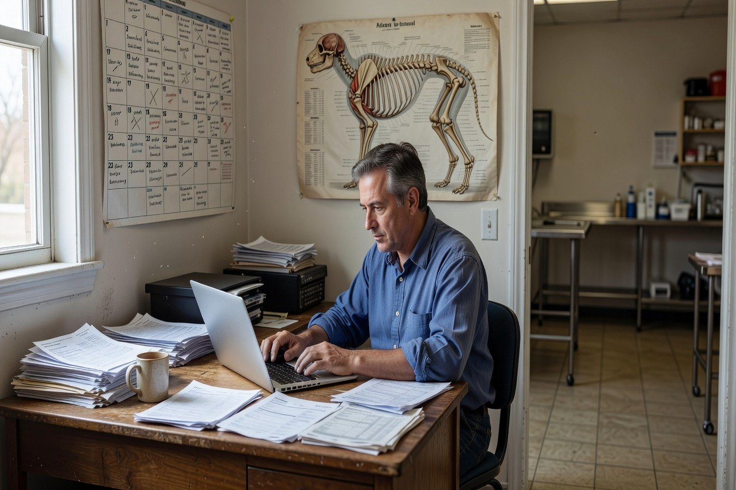 Veterinary practice owner reviewing business loan options and financial planning