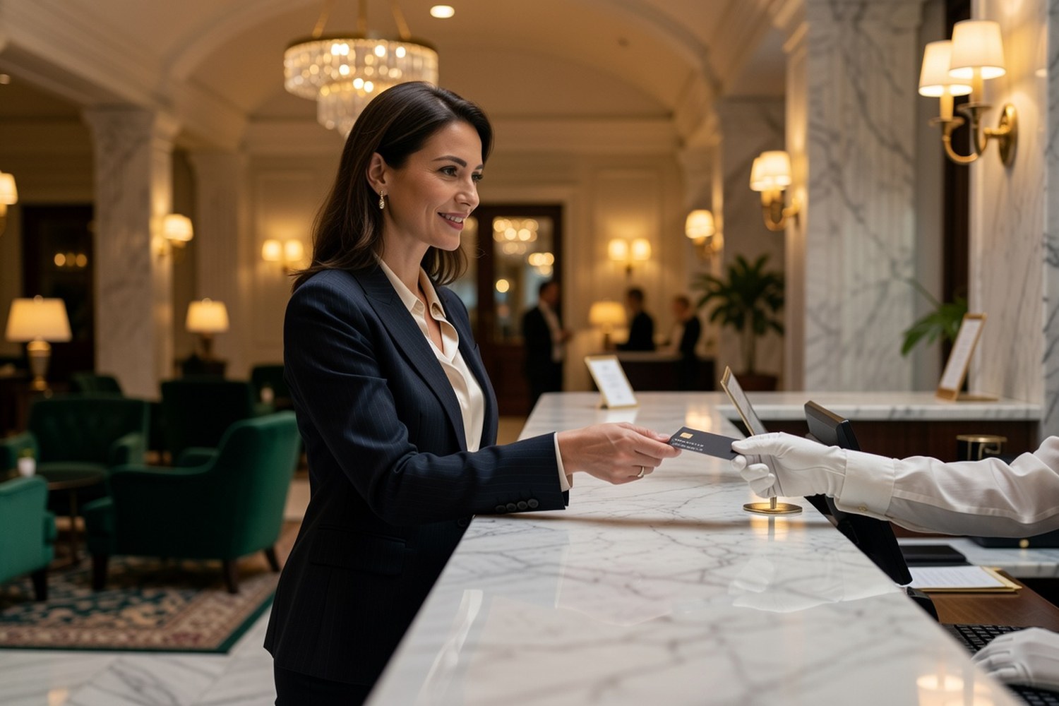 Woman checking into hotel with Visa credit card accessing travel perks and protections