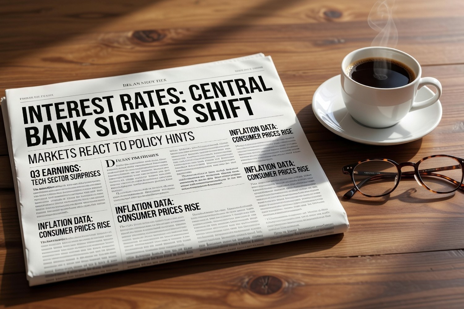 Financial newspaper with interest rate headlines on desk with coffee