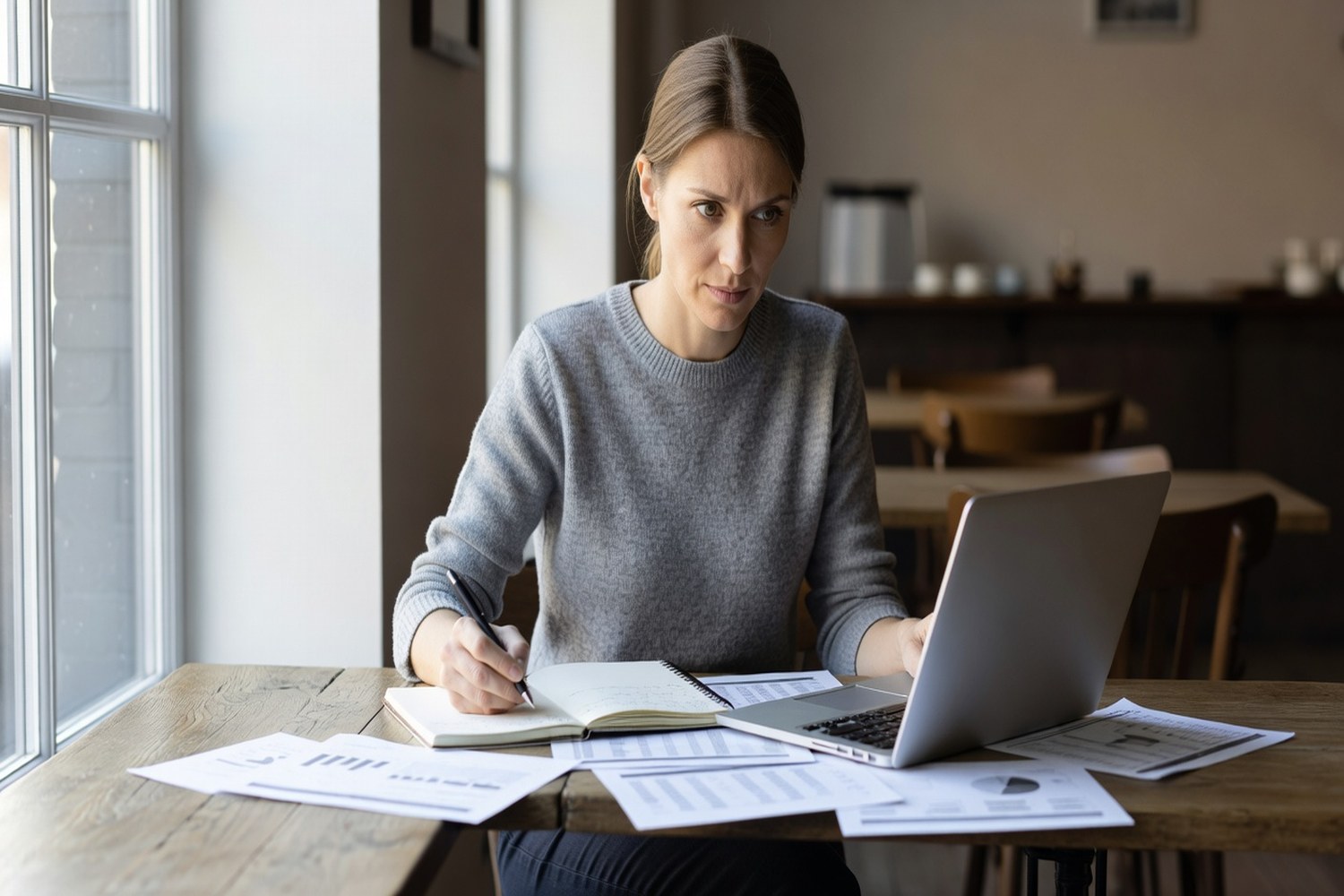 Woman business owner comparing bad credit loan options and lender terms on laptop