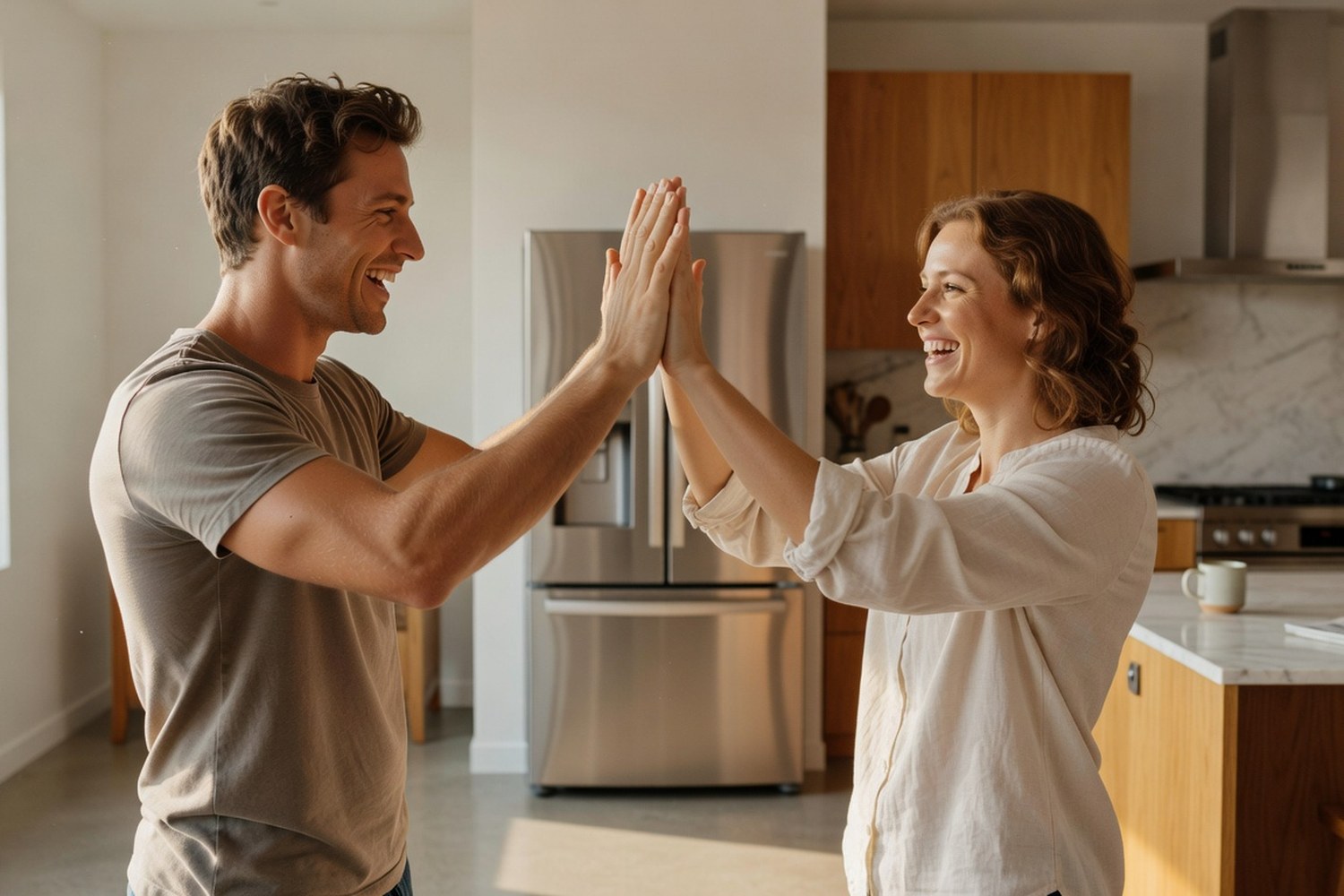 Couple celebrating financing a large appliance purchase with 0% APR credit card