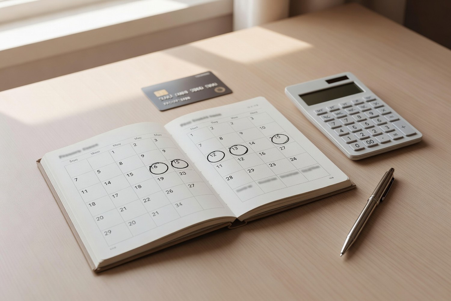 Payment planning calendar with credit card and calculator for 0% APR payoff schedule