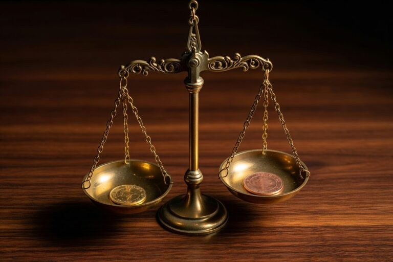 Antique brass apothecary balance scale with ornate crossbeam holding a polished gold coin on the left pan and a slightly larger copper coin on the right pan tipping the right side lower against a dark walnut surface in warm amber light