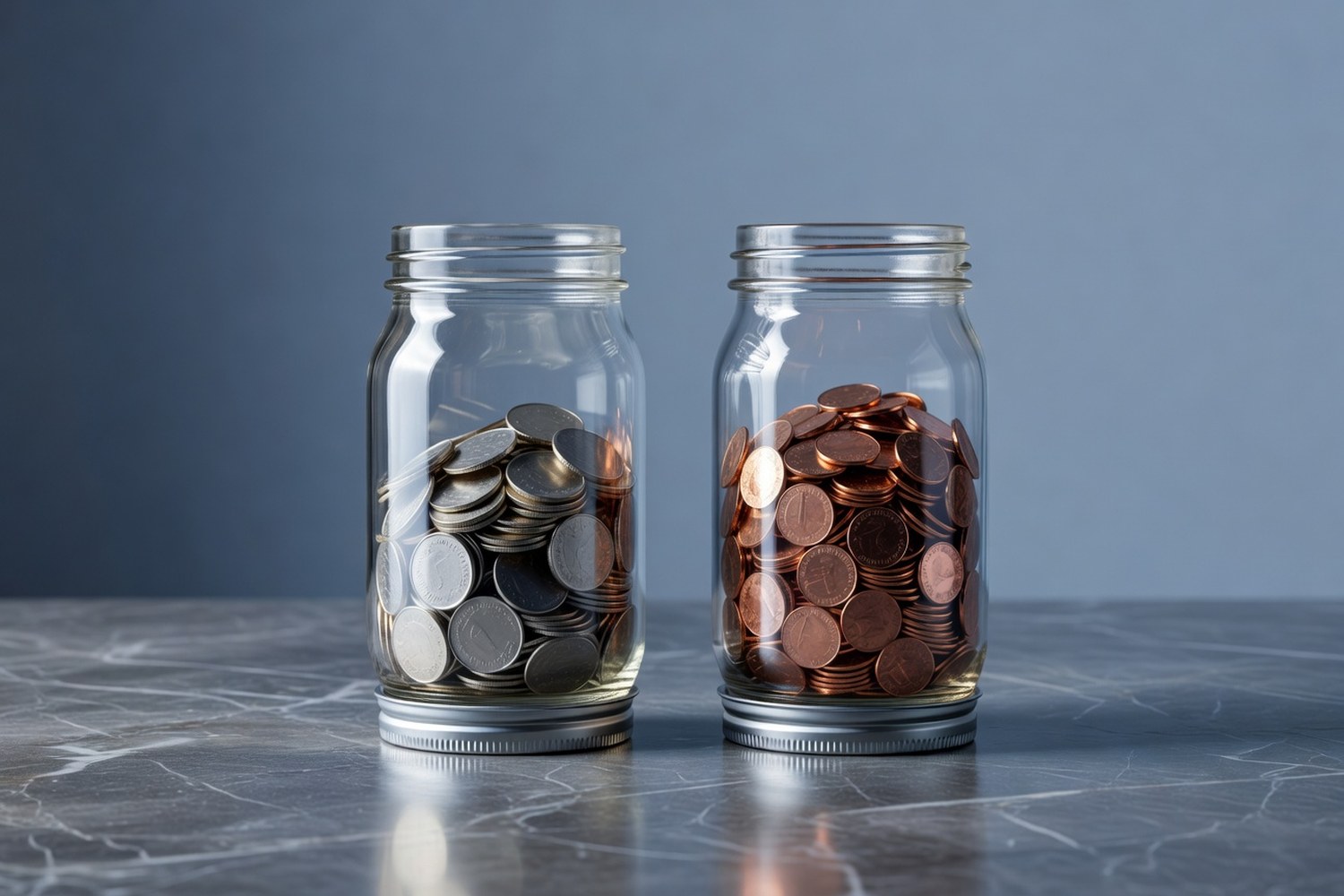 Two clear glass mason jars side by side on a dark veined marble counter one filled to about 60 percent with silver coins and the other filled to about 75 percent with copper pennies in cool soft light against a blue-gray backdrop