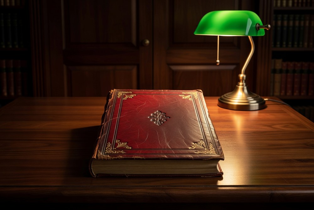 Single antique oxblood red leather bound ledger book lying flat on a polished walnut library table with embossed gold tooled corner ornaments and a central decorative motif lit by a classic brass banker's lamp with emerald green glass shade casting warm amber light
