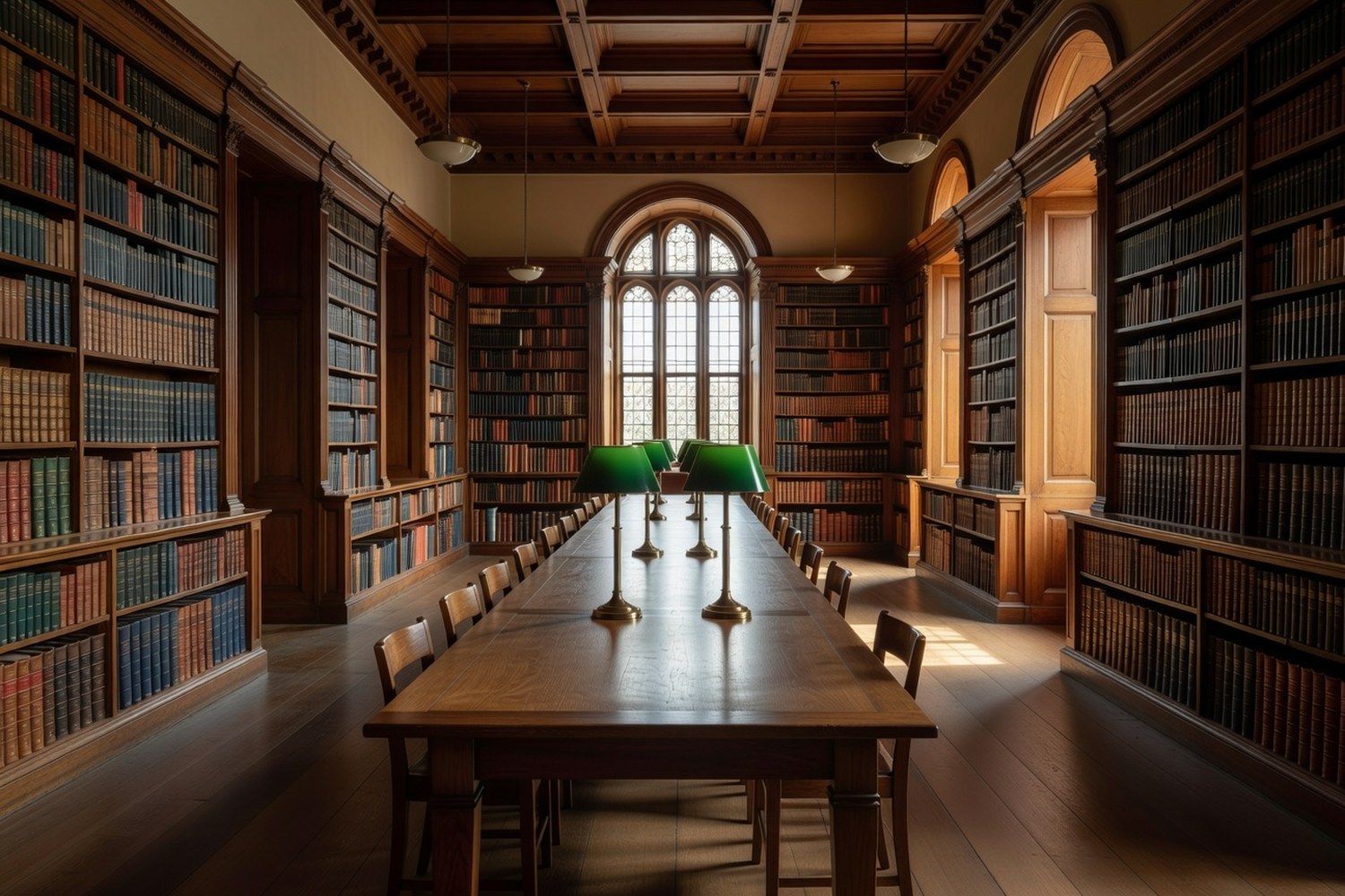 Interior of a classical research library reading room with a long shared wooden reading table running down the center green-shaded brass reading lamps spaced along its length tall bookshelves filled with leather volumes lining both walls and a tall arched leaded glass window at the far end letting in soft warm afternoon light
