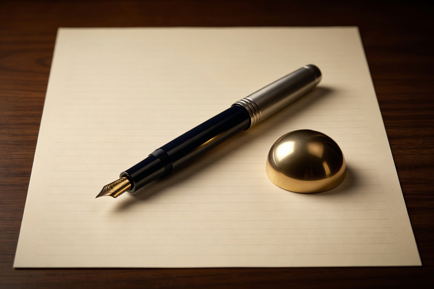 Macro detail of a classic dark navy resin fountain pen with brushed steel cap and exposed gold nib lying diagonally across a sheet of cream colored ruled writing paper next to a polished brass hemisphere paperweight on a dark walnut surface in warm directional light