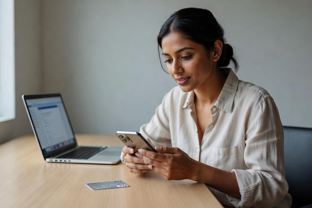 Young professional reviewing online checking account on smartphone with debit card and laptop on modern home office desk