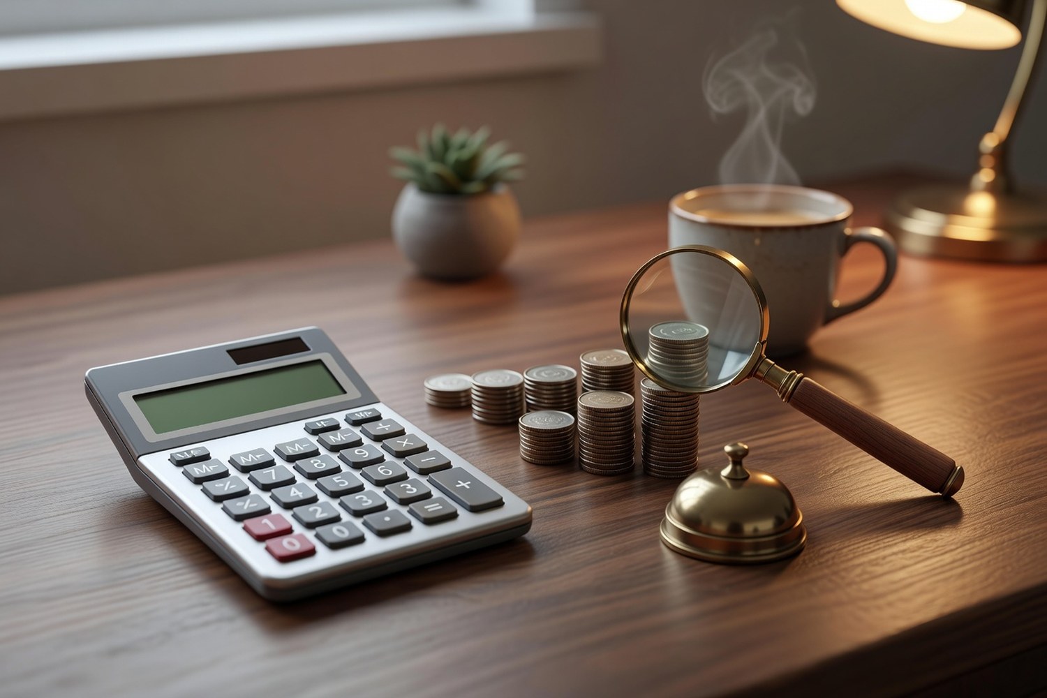 Silver calculator with blank display beside five ascending stacks of coins examined through a brass magnifying glass on a warm wooden desk with coffee and succulent