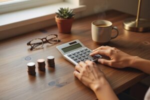Woman's hands using a silver desktop calculator beside three small stacks of copper and silver coins on a warm wooden desk with glasses succulent and steaming coffee