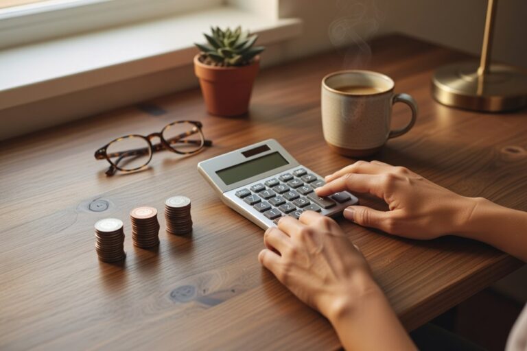 Woman's hands using a silver desktop calculator beside three small stacks of copper and silver coins on a warm wooden desk with glasses succulent and steaming coffee