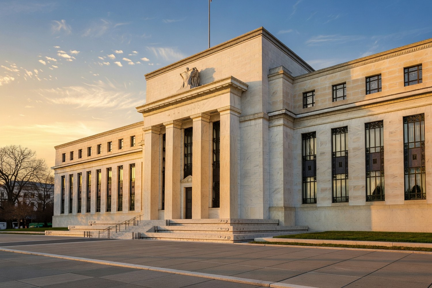 Marriner S Eccles Federal Reserve Board Building limestone facade at golden hour with warm evening light on Corinthian columns and sculpted pediment