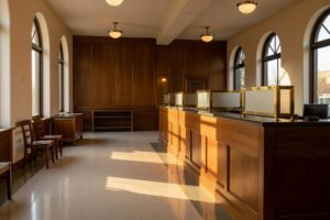 Empty interior of an American community bank branch at golden hour with polished walnut teller counters brass and frosted glass partitions tall arched windows letting in warm late afternoon light and wooden customer chairs against the wall