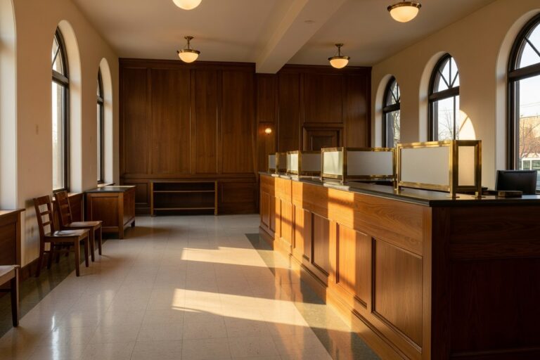 Empty interior of an American community bank branch at golden hour with polished walnut teller counters brass and frosted glass partitions tall arched windows letting in warm late afternoon light and wooden customer chairs against the wall