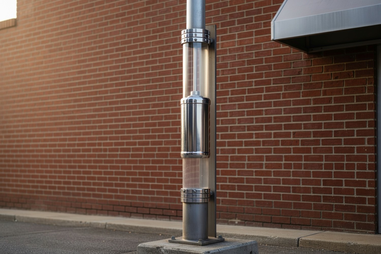 Drive-through pneumatic tube system at a community bank with a polished chrome canister suspended in a clear plastic chute mounted on a steel post against a weathered red brick exterior wall in soft warm afternoon light
