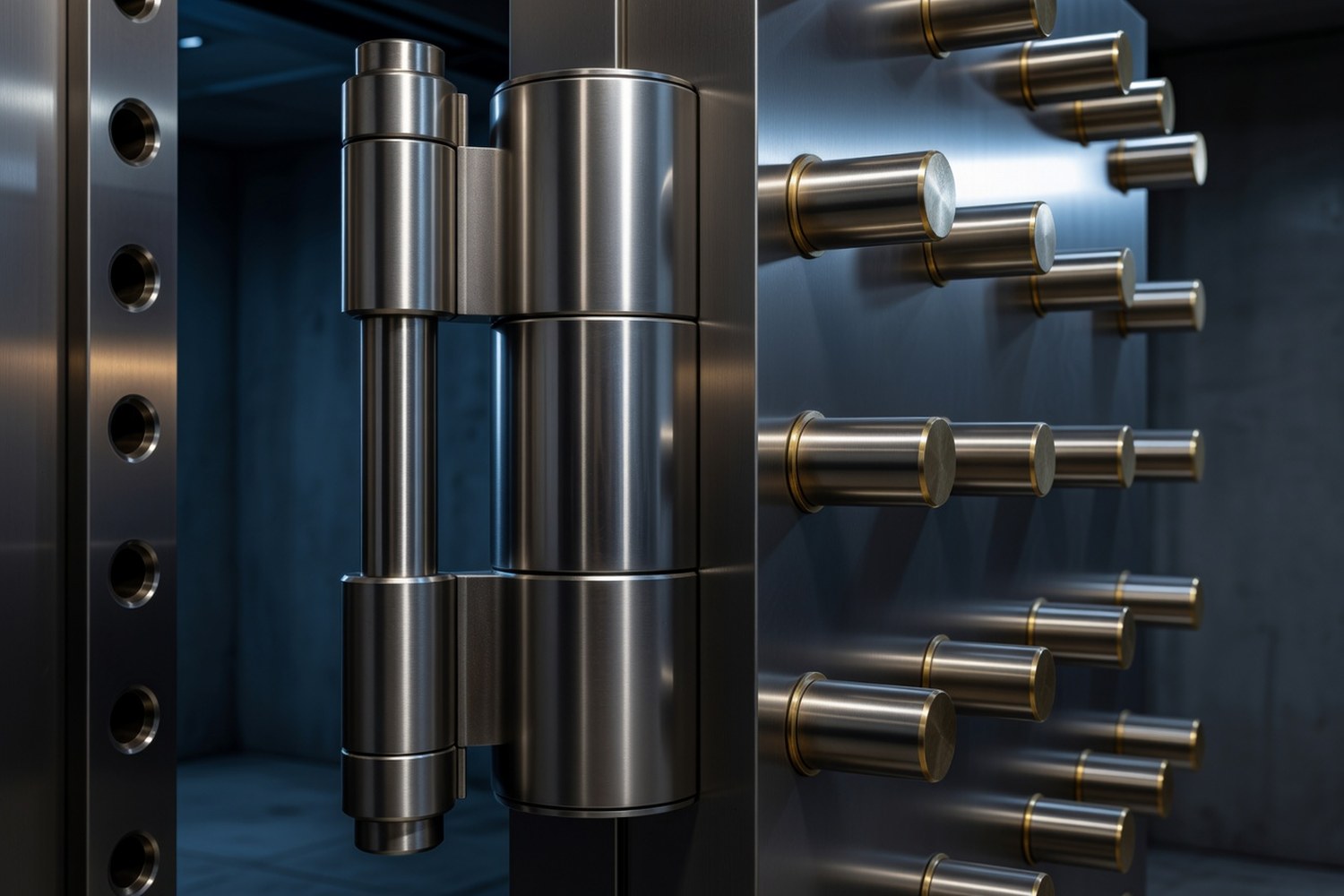 Macro close-up of a heavy commercial bank vault door hinge mechanism showing massive polished steel pivot pins and cylindrical lock bolts with brass trimmed heads against a dark blue-gray vault chamber background lit dramatically from the right