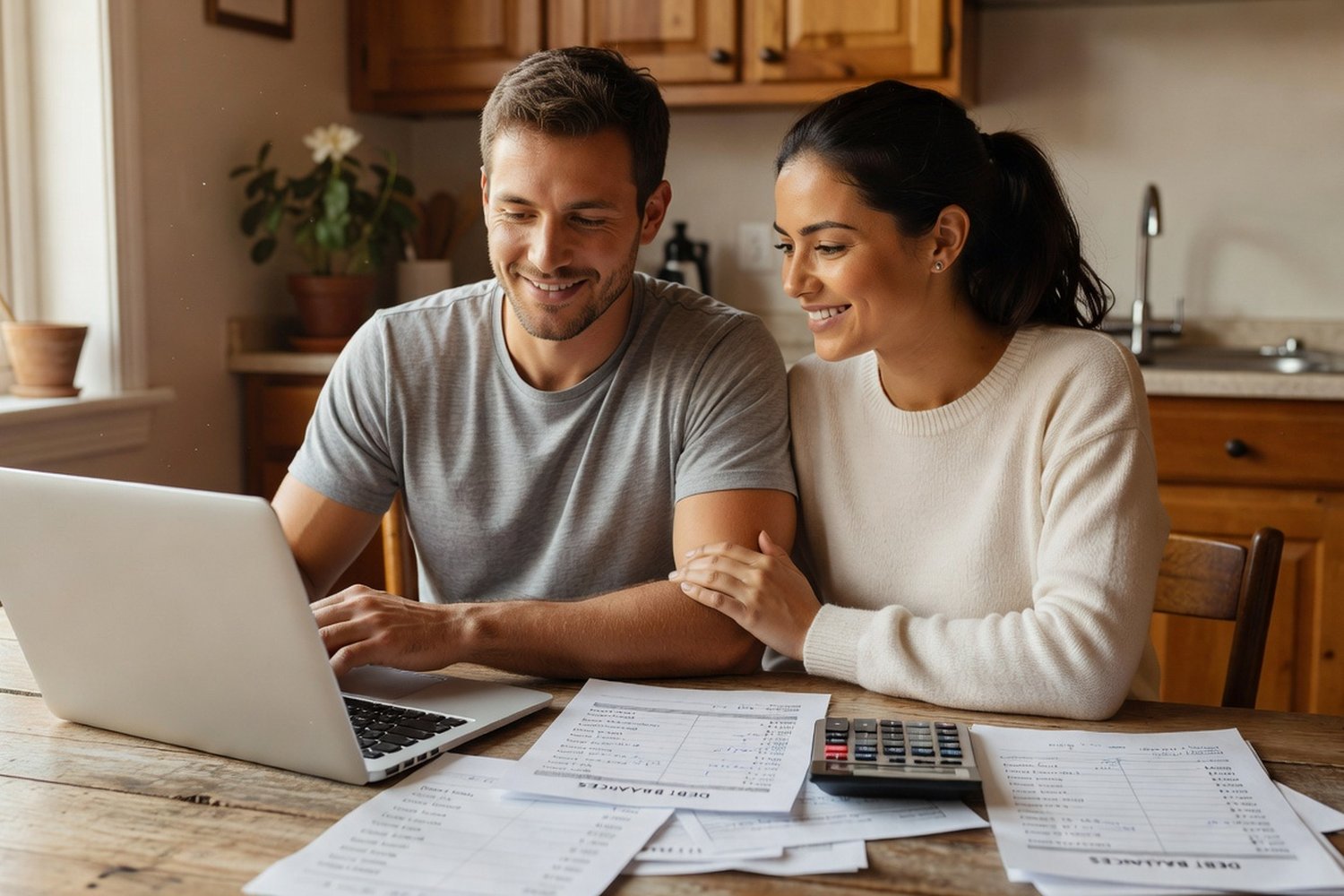 Couple reviewing debt consolidation loan options and calculating savings