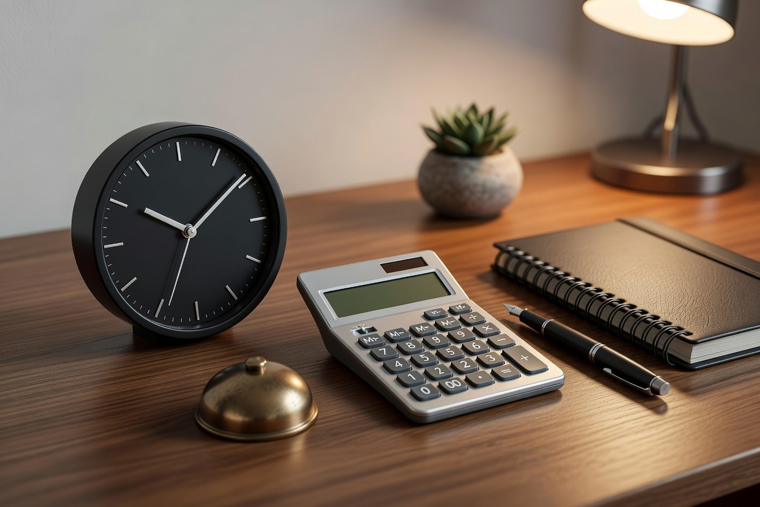 Modern black analog desk clock next to a silver calculator with blank display a closed leather planner brass bell and succulent on a warm wooden desk