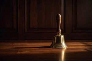 Single polished brass auctioneer hand bell with dark turned walnut handle sitting upright alone on a polished walnut wooden surface with dramatic warm directional light from the upper right casting a long deep shadow to the left against a deep walnut paneled background