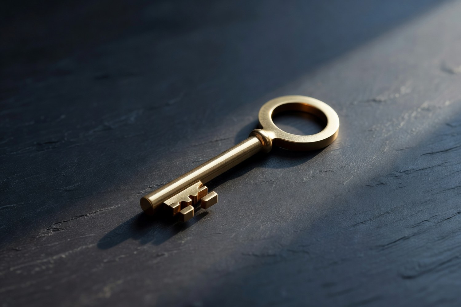 Single polished brass skeleton key lying diagonally across a smooth dark charcoal slate surface with a smooth round bow at the top right and intricate machine cut wards at the lower left lit by warm directional side light from the right with a deep cool blue gray shadow stretching to the upper right