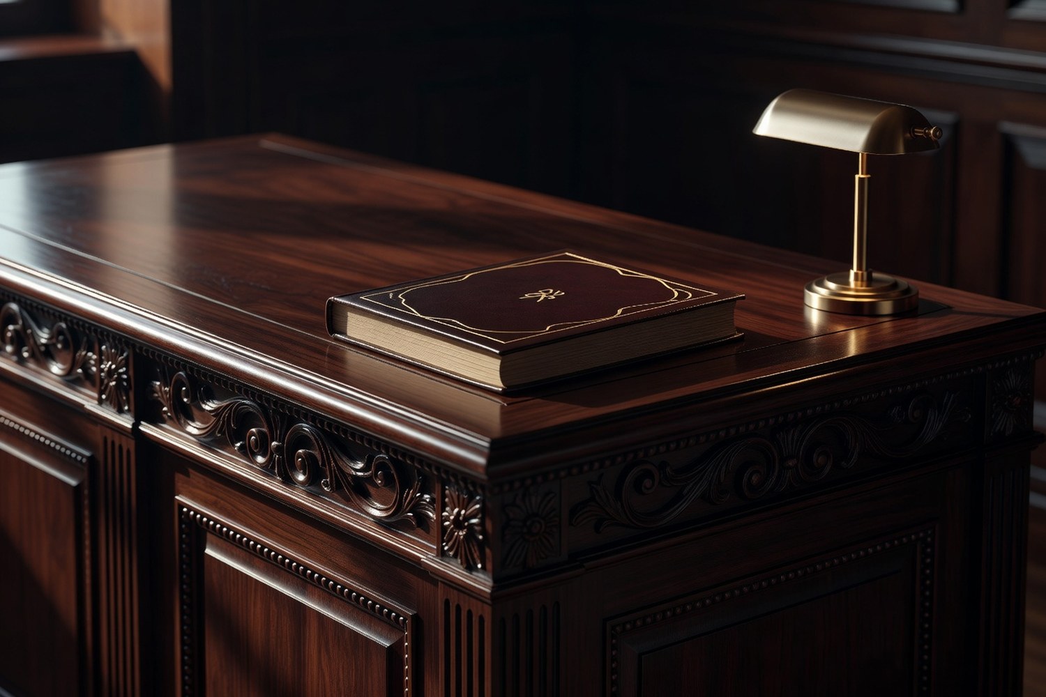 Macro detail of an ornate carved mahogany Senate committee desk with classical decorative front panel work showing fluted columns and abstract scrollwork carving with a closed oxblood leather book lying flat cover up showing abstract gold tooled decorative border and a small unlit brass desk lamp on the right side in warm directional light