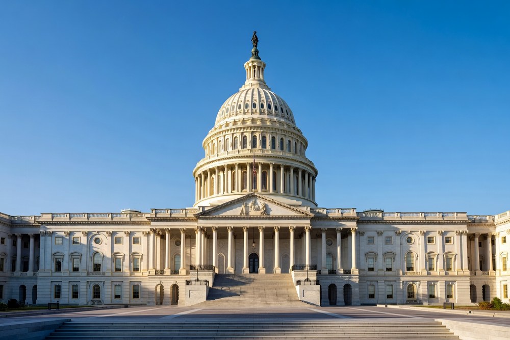 United States Capitol Building exterior in Washington DC photographed from a low three quarter angle in late golden hour afternoon light with the iconic white marble dome dominating the upper portion of the frame the central pedimented portico Corinthian columns and broad central staircase descending in the foreground against a deep blue afternoon sky