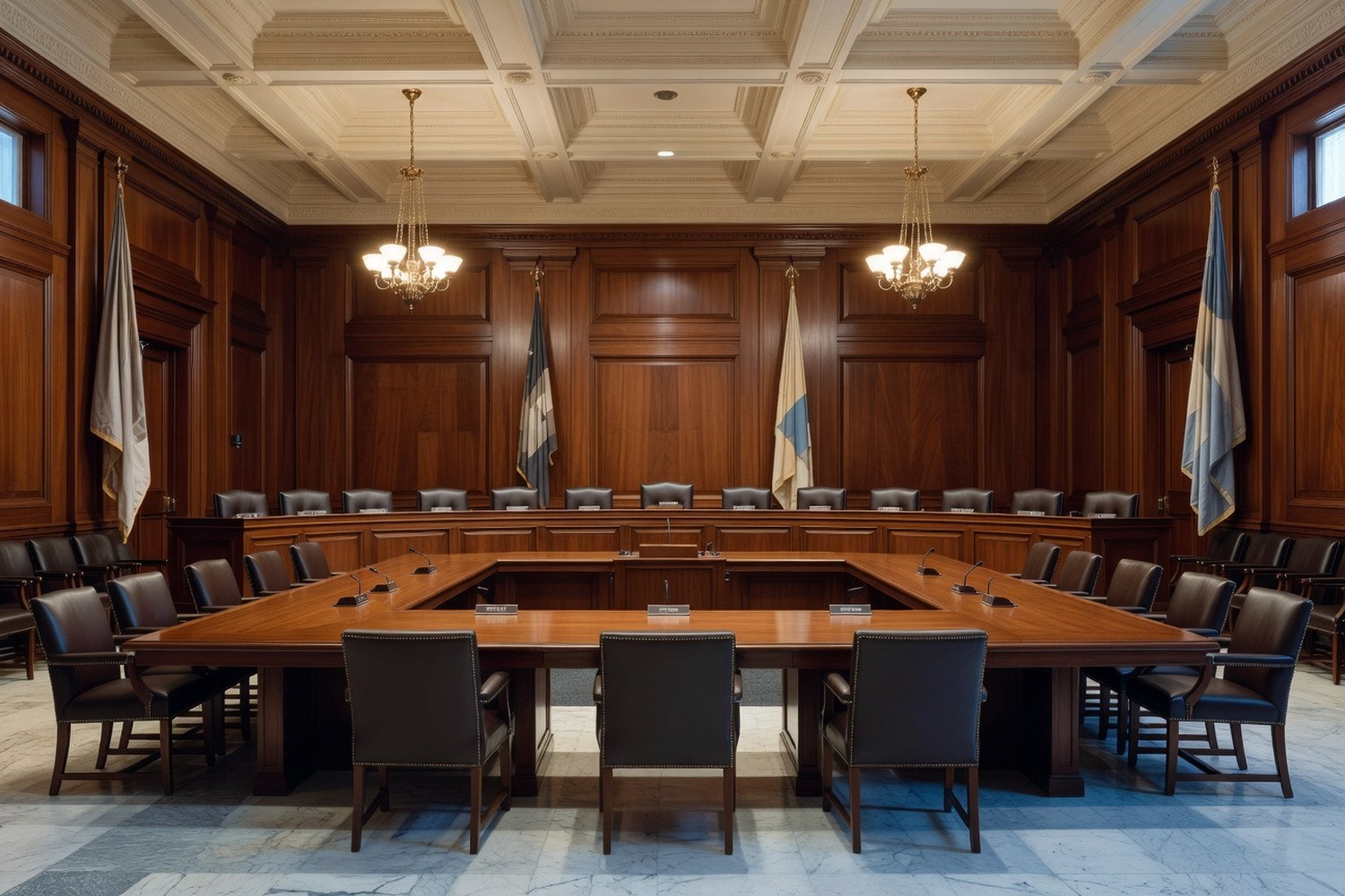 Empty interior of a classical United States Senate committee hearing room with polished walnut wooden tables arranged in a U shape configuration in the foreground a long wooden dais running across the back wall with empty leather chairs three flagpoles with abstract draped fabric flags coffered ceiling brass chandeliers and polished marble floor