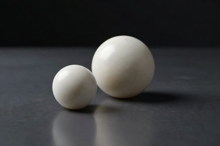 Two pure pale cream marble spheres of different sizes resting alone on a smooth polished dark charcoal slate surface with the smaller sphere in the left foreground and the larger sphere behind and to the right under soft directional cool light from the upper left casting subtle long cool gray shadows across the slate