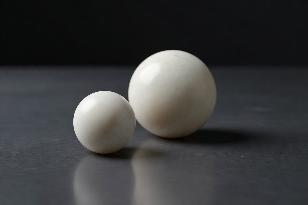 Two pure pale cream marble spheres of different sizes resting alone on a smooth polished dark charcoal slate surface with the smaller sphere in the left foreground and the larger sphere behind and to the right under soft directional cool light from the upper left casting subtle long cool gray shadows across the slate